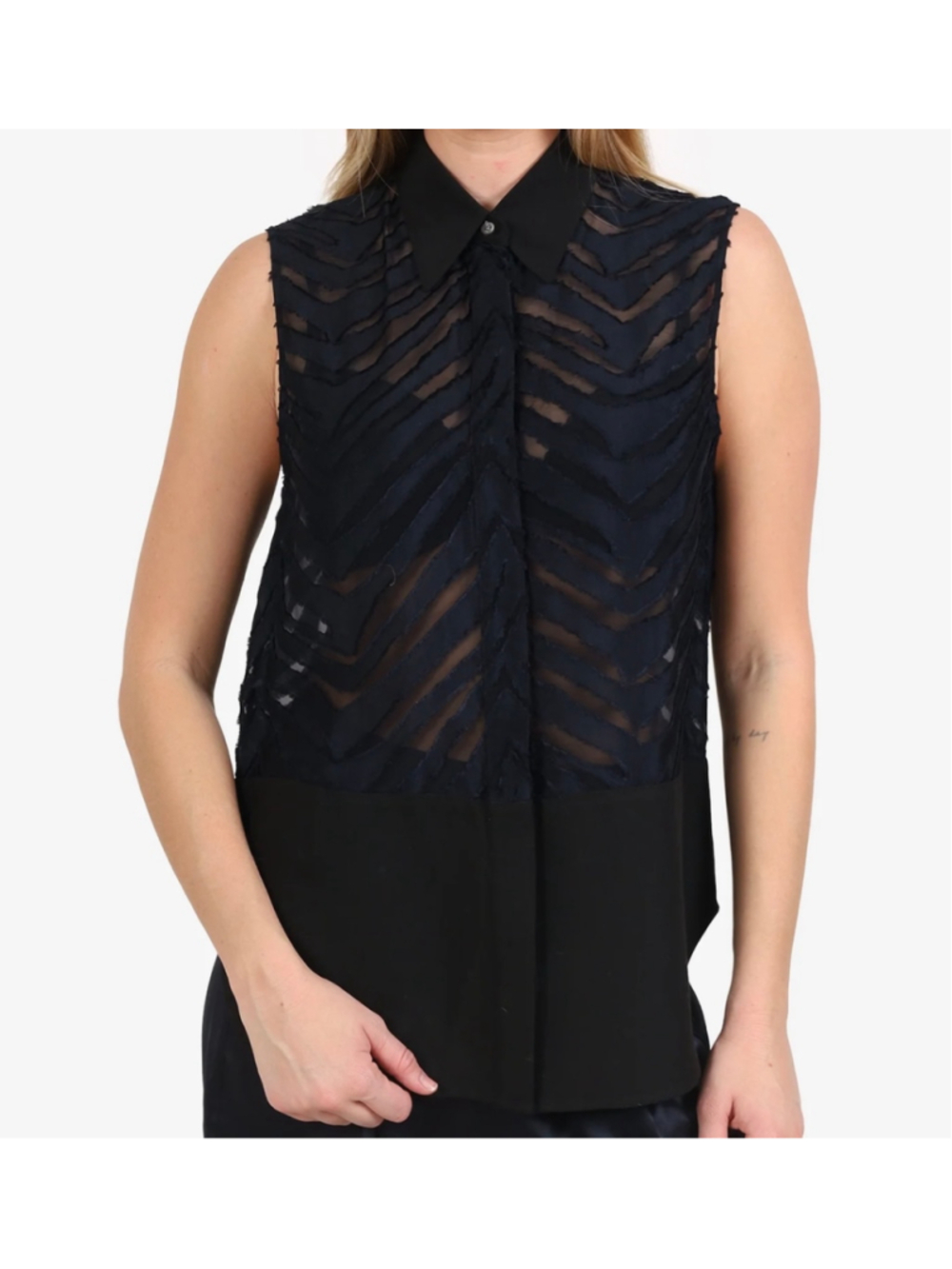 3.1 Phillip Lim Silk Sleeveless Blouse Black Navy Textured Chevron Pattern Wool